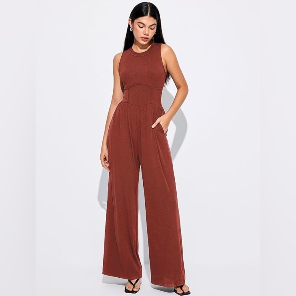 Cider Sleeveless Wide-Leg Jumpsuit - Rust Orange